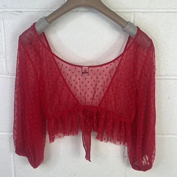 Anthropologie Only Hearts Coeur Dot Tulle Half-Sleeve Deep-V Top lingerie Red - Picture 6 of 7